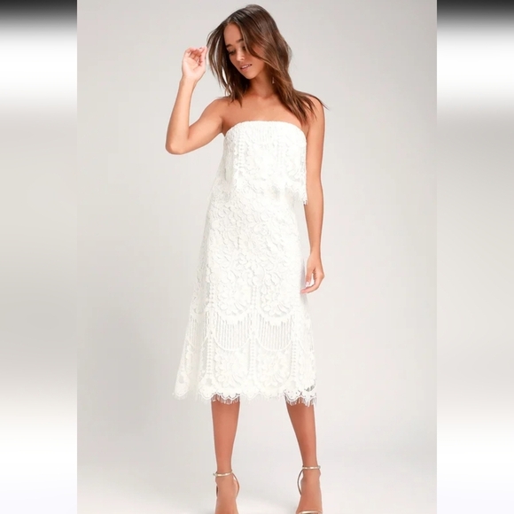 Lulus Dresses & Skirts - Lulu's Delia White Lace Strapless Midi Dress Womens Size Xs